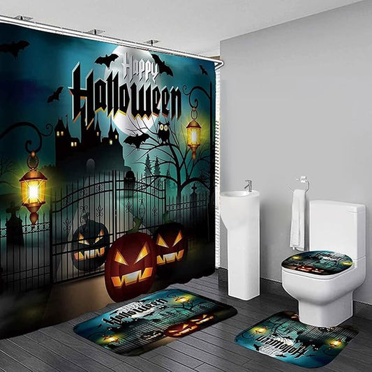 Halloween Bats Castle Pumpkin Waterproof Shower Curtain Set,with Non-Slip Rugs,Toilet Lid Cover and Bath Mat,Black Gloomy Bathroom Decor Accessory Set