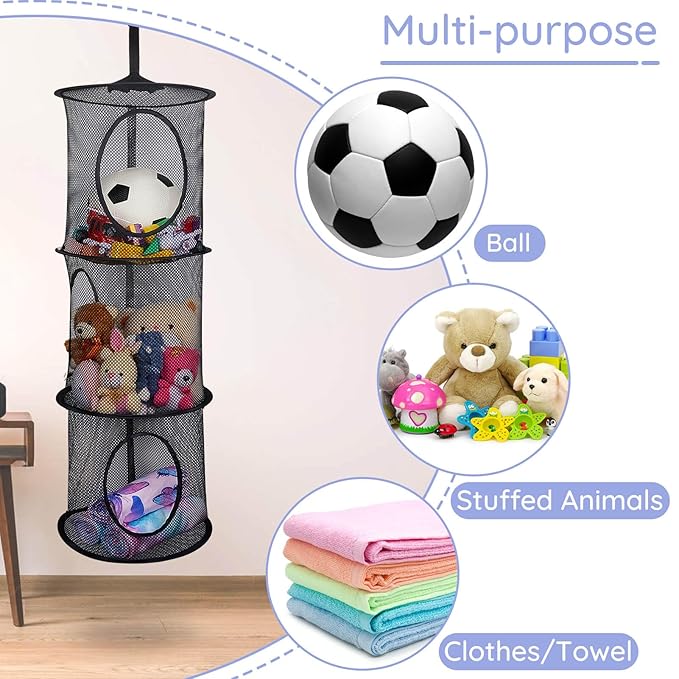 Basumee Stuffed Animals Net or Hammock 2 Pcs Stuffed Animals Storage Toy Net Hammock for Plushies Storage Organizer Mesh Kids Girls Room Decor, Black, 3 Tiers