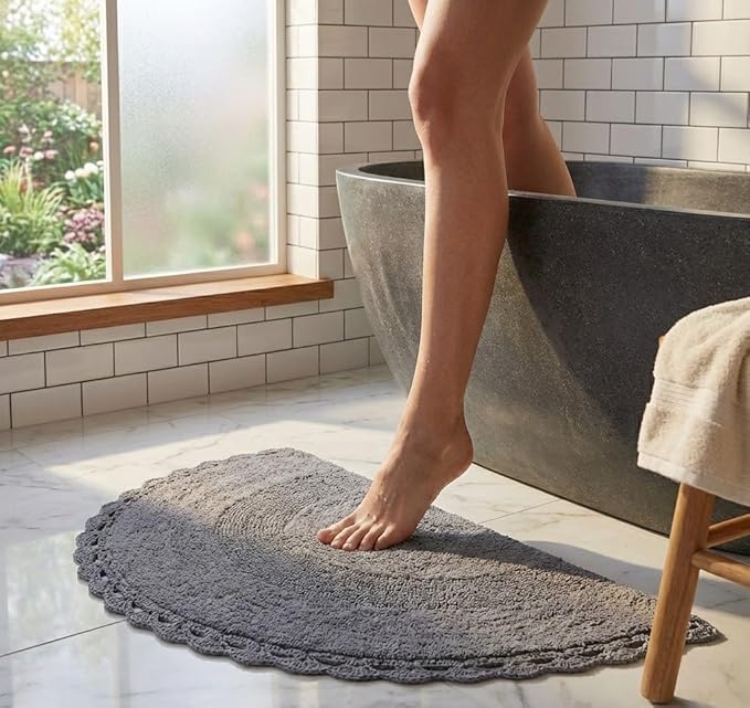 Half Moon Circle Bohemian Bathroom Rug with Handwoven Chrochet Border, Beautifully Handcrafted 100% Cotton Mat - 22x42", Round Boho Bedroom Rug, Boho Bathroom Décor, Machine Washable - Charcoal Grey