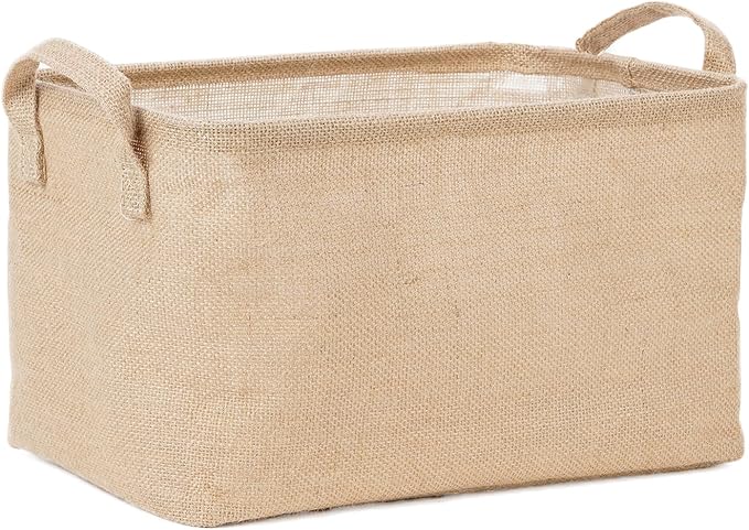 Bidtakay Rectangular Storage Basket,Collapsible Storage Bin with Hardboard,15" L x 10" W x 9" H Waterproof Coating Burlap Storage Box with Handles for Home Organization,Shelf Basket (Flax)