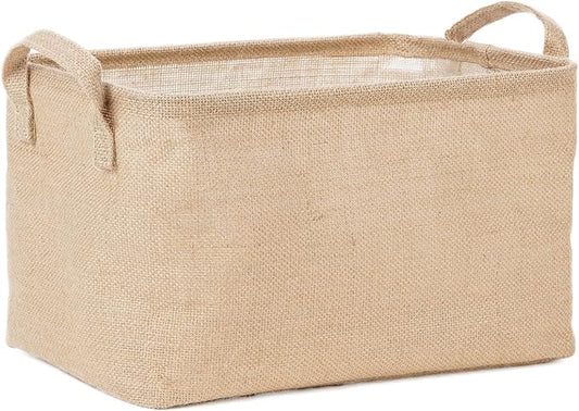 Bidtakay Rectangular Storage Basket,Collapsible Storage Bin with Hardboard,15" L x 10" W x 9" H Waterproof Coating Burlap Storage Box with Handles for Home Organization,Shelf Basket (Flax)