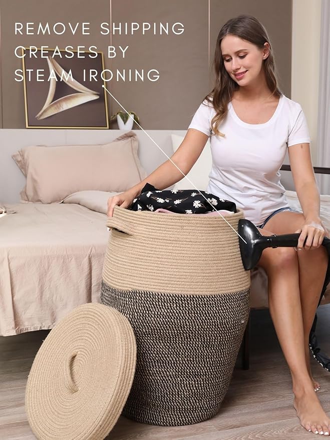 26"x20" Handcrafted Tall Cotton Rope Basket with Lid, Stylish Flagon Shape with Cover, Clothes Hamper with Top, for Bedroom and Living Room, Jute/Black Mix