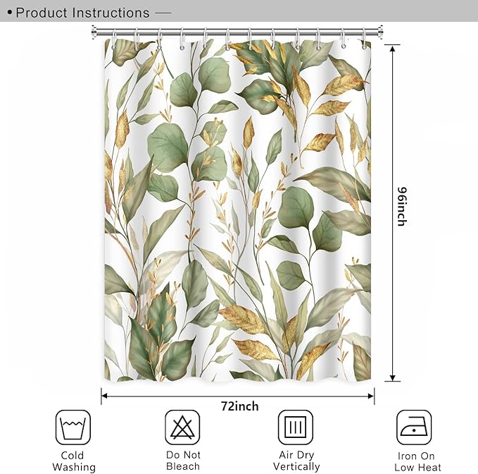 Green Eucalyptus Leaves Bathroom Shower Curtain Tropical Leaf Nature Plant Shower Curtain Polyester Waterproof Fabric Modern Home Decor Bath Shower Curtain with Hooks, 72x96 Inch