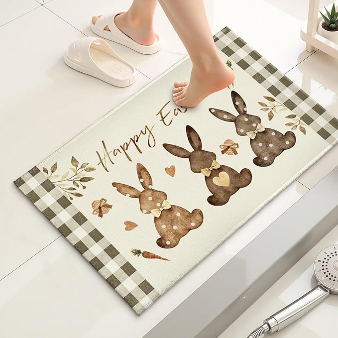 Happy Easter Bathroom Rug for Bathtub Brown Bunny Eggs Carrots Bathroom Mats Buffalo Plaid Decorative Non-Slip Absorbent Bath Rugs 32"x20" for Dooway Kitchen Sink Bedside Shower Room