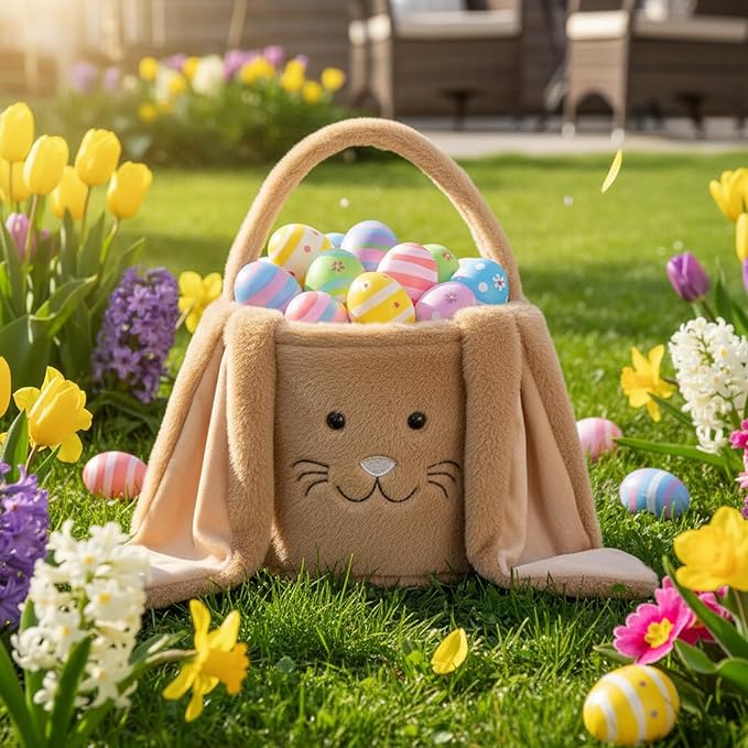 Plush Easter Bunny Basket, Easter Egg Hunt Basket with Soft Long Ears,Bunny Bucket Tote for Candy Easter Party Favors (Plush-Brown)
