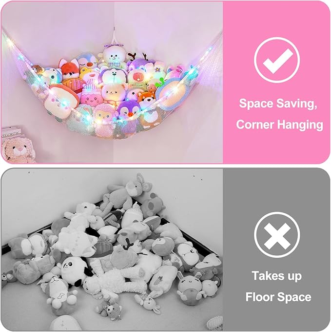 Basumee Stuffed Animals Net or Hammock with LED Light Hanging Toy Net Hammock for Stuffed Animals Storage Stuff Animals Hammocks for Nursery Room with Remote Control, 8 Kinds of Lights(Pack of 1)