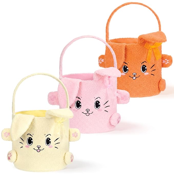 Mimorou 3 Pack Plush Bunny Easter Basket Sherpa Easter Bucket with Rabbit Ears Decorative Bow Large Bunny Tote Bags Ideal for Egg Hunt, Party Favors, Decorations & Storage (Orange Pink and Yellow)
