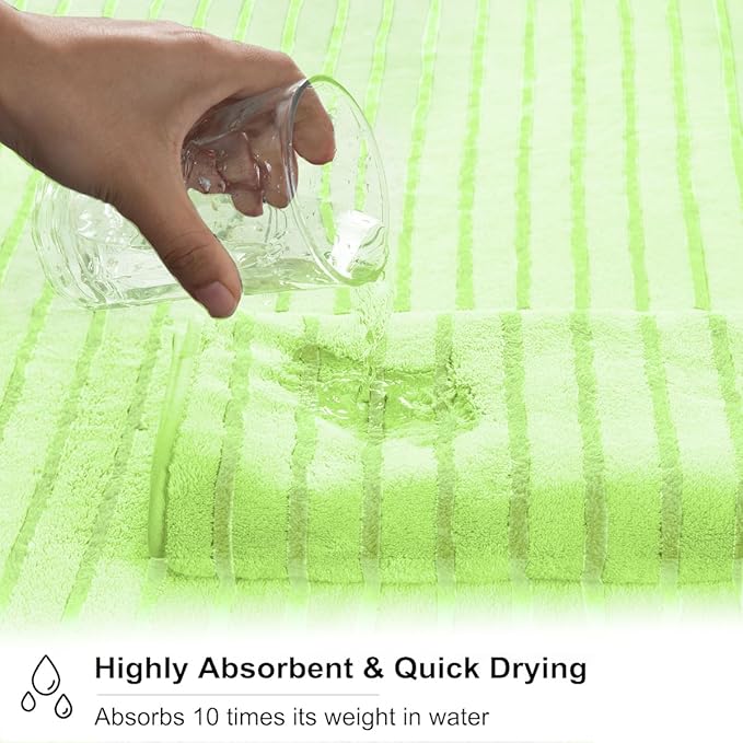 8 Pcs Grass Green Cabana Stripe Large Bath Towel Set - 2 Oversized Bath Sheets, 2 Hand Towels, 4 Washcloths - Soft Jumbo Absorbent Shower Beach Chair Spa Gym Hotel Towels