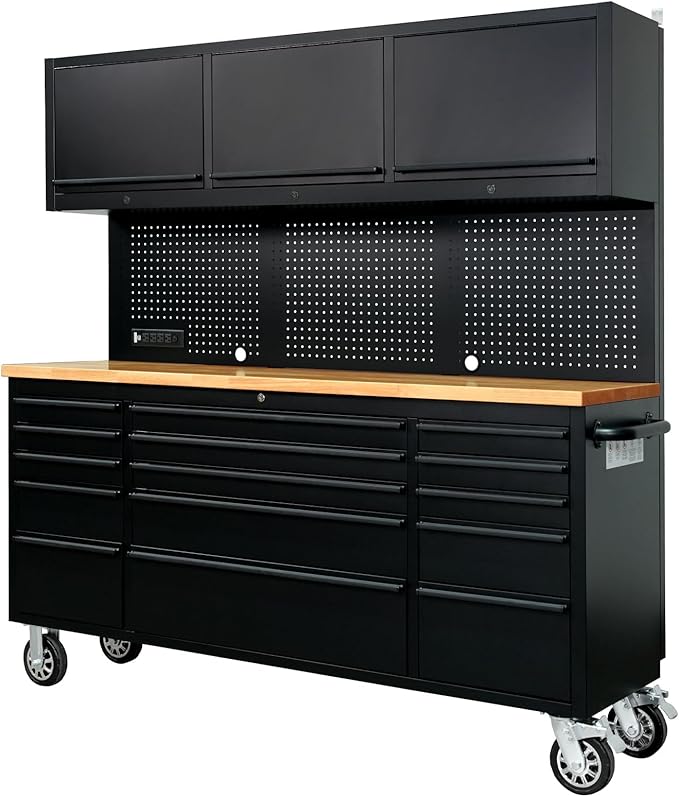 SINDA 72-inch Rolling Tool Cabinet Mobile Workbench Tool Chest with 15 Storage Drawers, Wheels, 3 Uper Cabinet, Outlet, SS Pegboard Black