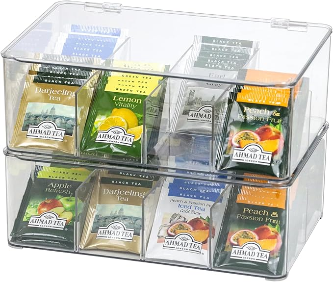 Plastic Clear Storage Containers, Set of 2 Tea Bag Organizer Boxes 8 Compartments with Lids, Underwear Tie Drawer Organizer, Dresser Organizer (10.8×7×3.7")