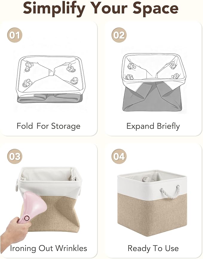 12x12 Storage Cube Bins, 6 Pack Reinforced Bottom Cardboard Foldable Box, Organizer for Closet Shelves, Heavy Home Storage Baskets (White Khaki)