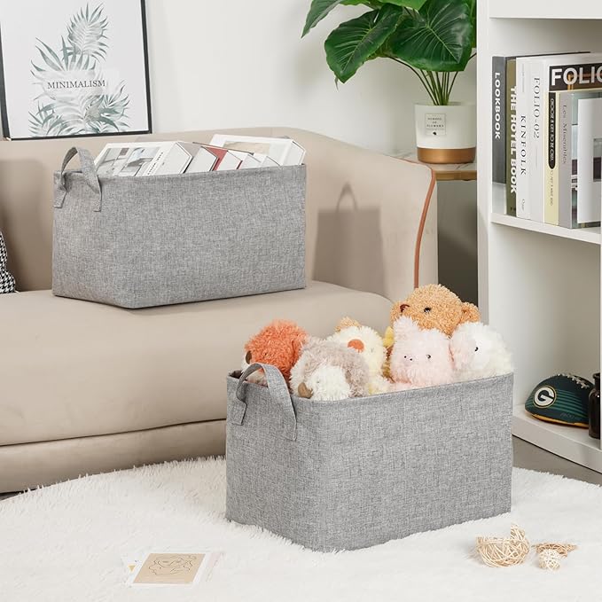 Bidtakay Rectangular Storage Basket, Collapsible Cube Storage Bins for Shelves, Waterproof PE Coating Storage Bins with Handles for Organizing Toys, Books, Blankets (15x10x9 inch-Grey)