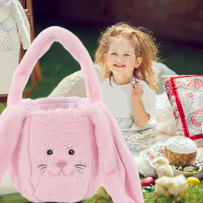 Plush Easter Bunny Basket, Children Easter Basket with Long Ears, Cute Cartoon Rabbit Plush Bag for Easter Egg Hunt, Soft and Durable Easter Bunny Gift for Kids (Pink)