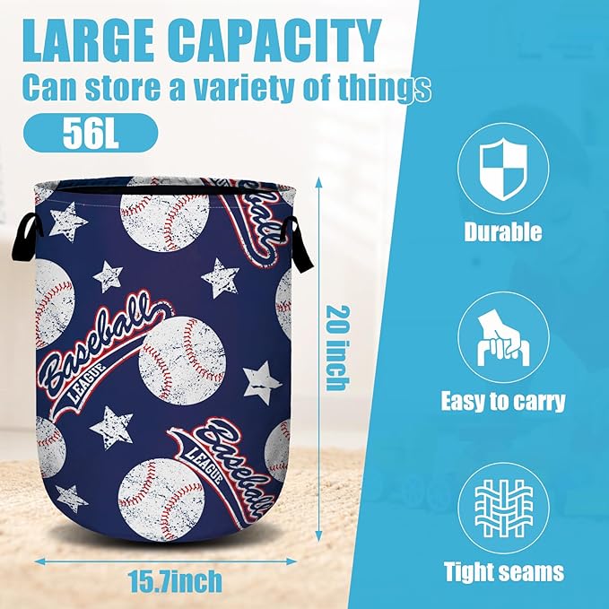 Baseballs and Stars Laundry Basket, Laundry Hamper Collapsible Oxford Cloth with Handle Clothes Toy Storage Bin for Bathroom Laundry Room Bedroom 15.7 X 20 Inch