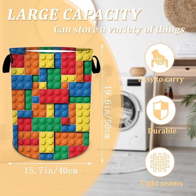 Colorful Building Blocks Laundry Basket, Bricks Laundry Hamper, Oxford Waterproof Foldable Clothes Storage Bin, Toy Organizer Basket for Bathroom/Household/College Dorms 15.7"x19.6"