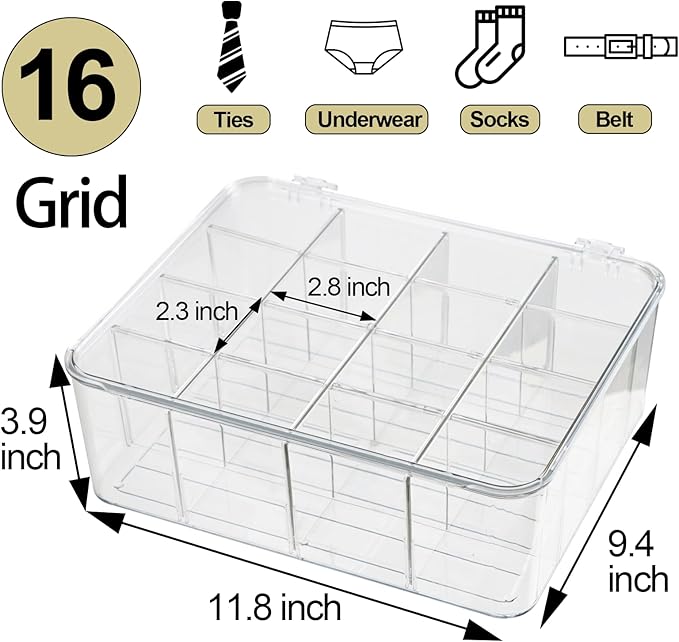 Plastic Clear Storage Containers, Set of 2, Sock Organizer Divided Boxes with Lids, Underwear Drawer Organizer, Tie Dresser Organizer (11.8×9.4×3.9")
