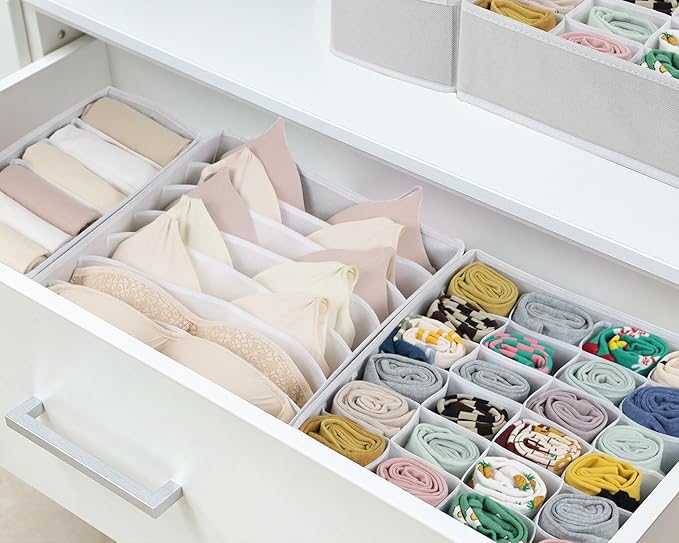 8 Packs Underwear Drawer Organizer Clothes, Foldable Bra Drawer Organizer Bins, 90 Cells Fabric Clothes Organizer Drawer Dividers for Socks, Ties, Bras, Baby Clothes, Nursery, Clothing (White)