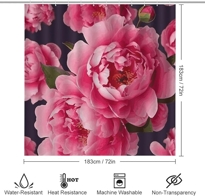 4 Piece Bathroom Rug Set with Shower Curtain, Non-Slip Bath Mat Toilet Cover Set, Peony Flowers Bathroom Rug Sets