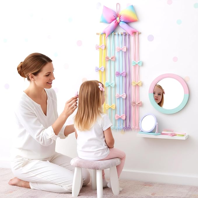 Long Bow Holder for Girls Baby Rainbow Color Bow Hair Bows Clip Organizer 31.5 Inch Baby Hair Accessories Storage Display Hanging Decor for Girls Nursery Room Bedroom Living Room