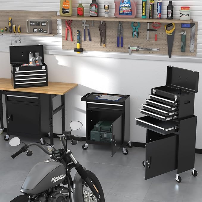 5-Drawer Rolling Tool Chest, Tool Box with Wheels, Tool Cart with 2 in 1 Detachable Top Box, Lockable Wheels, Drawers, Liner, Metal Mechanic Tool Storage Cabinet for Garage, Workshop, Black