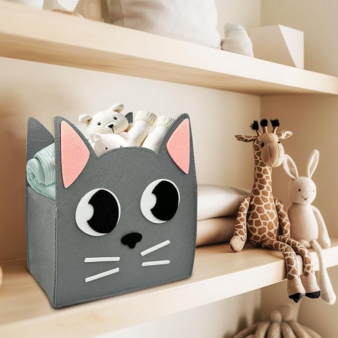 Felt Baby Basket,Cat Shaped Gift Basket Nursery Organizer for Storage Infant Newborn Essentials,Foldable Bathroom and Bedroom Stuff Diaper Toys Baby Vintage Decor with Cute Cat Design