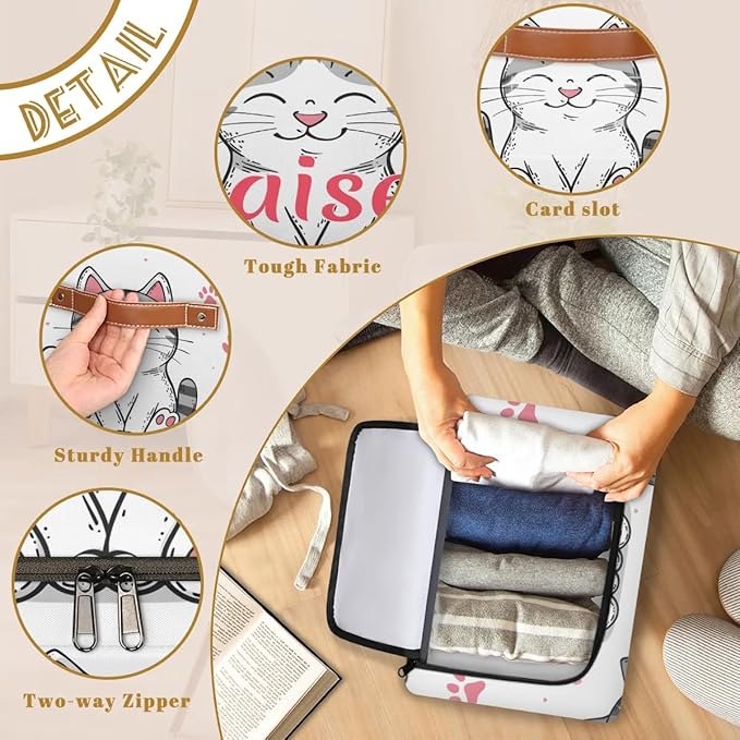 Custom Cute Cats Footprint Storage-Bin With Zipper Lid for Kids-Girls-Boys-Baby-Pet,Personalized Name Foldable Storage Box with Handle,Baby Basket With Label for Bedroom Nursery Toy Clothes,White