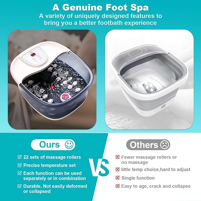 Foot Spa Bath Massager with Heat, Foot Bath with 22 Massage Rollers, Temperature Control, Jets, Bubbles, Epsom Salt and Vibration, Foot Soaking Tub for Relaxation - Grey