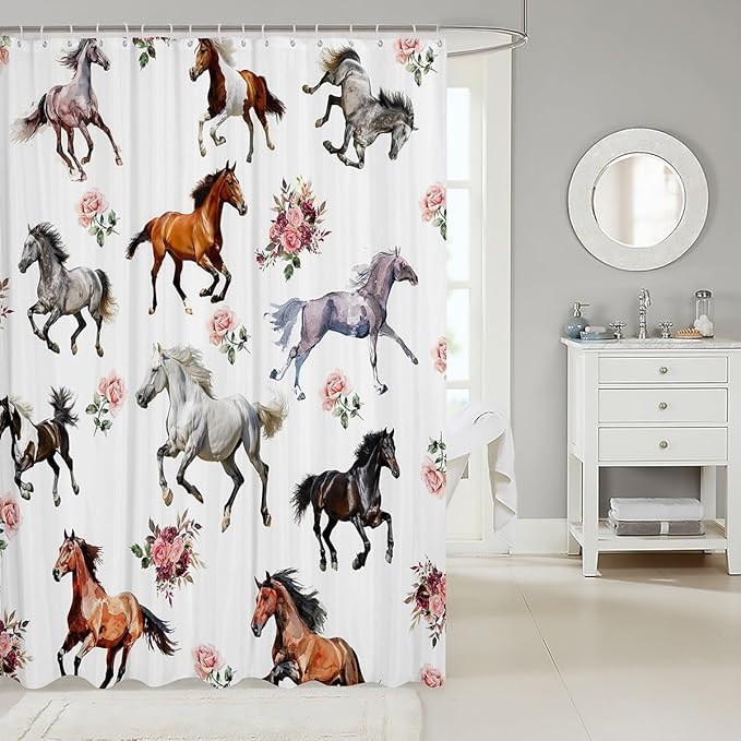Horses Shower Curtains,Floral Plant Bathroom Curtains for Kids Teens Boys Girls,Wildlife Animal Theme Waterproof Bath Curtains,with 12 Hooks Suits for Bathtub, 72" W x 78" L,Romantic Spring