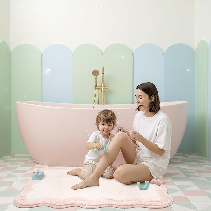 GRANNY SAYS Waved Pink Bathroom Rugs, 36" x 24", Non-Slip Bath Mats for Bathroom, Plush Shag Absorbent Microfiber Ultra Soft Scalloped Bath Mat, Cute Washable Rug for Tub, Shower, Bedroom
