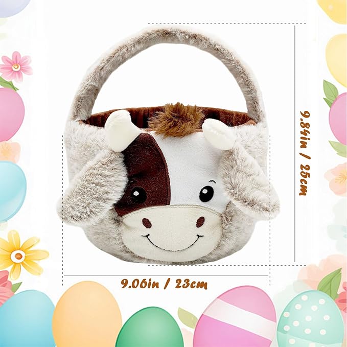 Easter Basket, Soft Cow Plush Baskets, Easter Egg Hunt Buckets, Easter Decorations Indoor Outdoor, Cute Easter Gifts for Kids, Adults, Teens, Toddlers, Girls