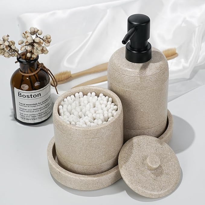 Haturi Beige Bathroom Accessories Set, 4 Pcs Stone Style Lotion Dispenser, Toothbrush Holder, Qtip Holder, Vanity Tray for Countertop Organization – Elegant Modern Neutral Bathroom Decor
