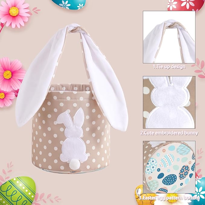 MONOBLANKS Easter Bunny Basket Bags Carrying Gift and Eggs Hunt Bag,Rabbit Canvas Toys Bucket Tote (A-Polka dot)