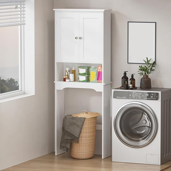 Over The Toilet Storage Cabinet, Bathroom Shelf Over Toilet, Bathroom Organizer and Storage Cabinet,Over Toilet Bathroom Organizer with 2 Doors, Paper Holder and Racks, Bathroom Decor (White-01)