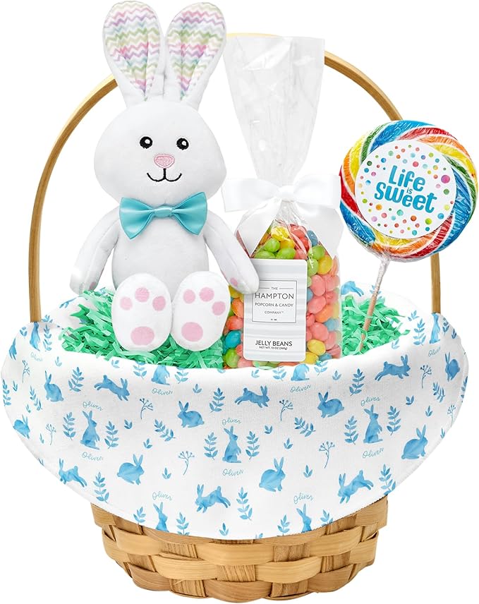 Let's Make Memories Personalized Easter Basket for Kids - For Boys - For Girls - Create Your Own - Fillable - Wicker - Easter Basket Stuffers - Small - Light Blue Rabbit