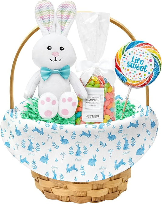 Let's Make Memories Personalized Easter Basket for Kids - For Boys - For Girls - Create Your Own - Fillable - Wicker - Easter Basket Stuffers - Small - Light Blue Rabbit