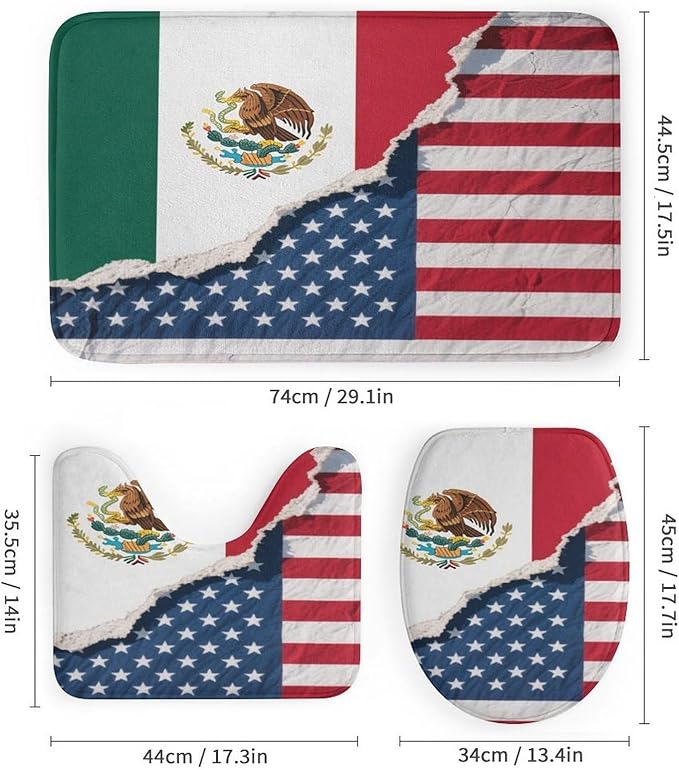 4 Pack Mexico Mexican USA America Flag Art Toilet Carpet Rugs + Contour Mat & Lid Cover Rubber Backing + Quick Dry Drape Liner Curtains for Dorm Room, Tub and Shower