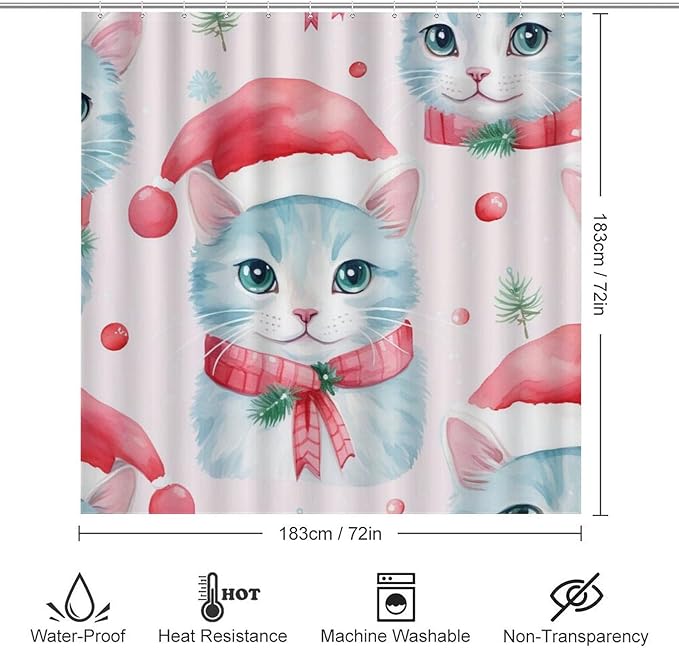 4 Piece Decor Shower Curtains Sets with Rugs Toilet Lid Cover And Bath Mat Christmas Cat Waterproof Shower Curtain Cat Lady Pet Lover for Bathroom Decor Set Merry Christmas Shower Curtain Set