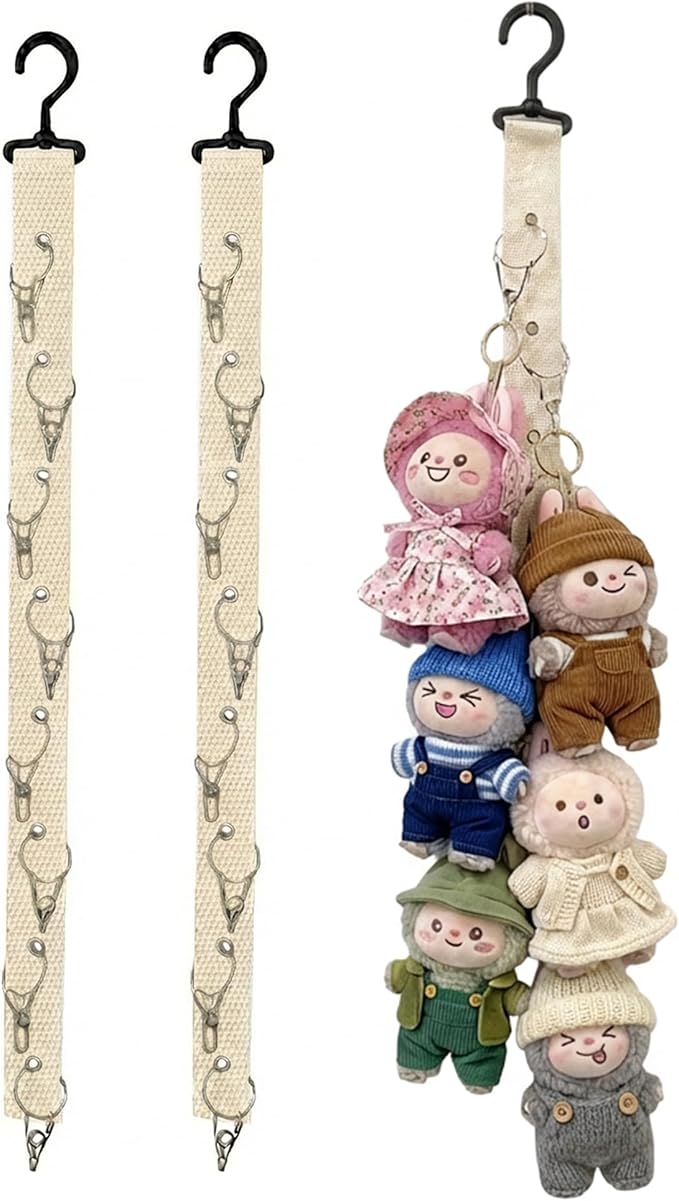 Plush Doll Hanging Storage Rope Display Rack with 8 Clips – Wall Hanging Organizer for Keychain Plushies, Mini Toys– Holds up to 3kg (2 PCS White)