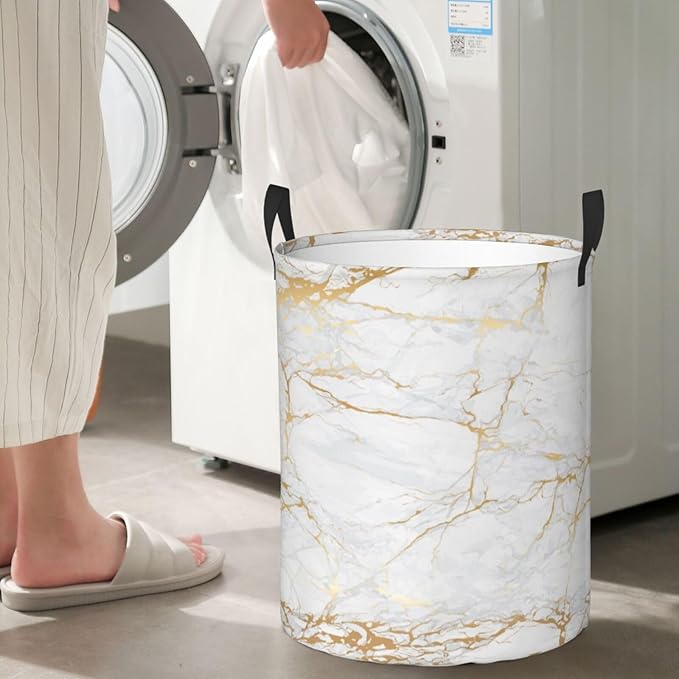 Marble Print Round Laundry Hamper Storage Basket Toys Clothes Organizer Bin For Home Bathroom Bedroom Dorm Nursery, 38l
