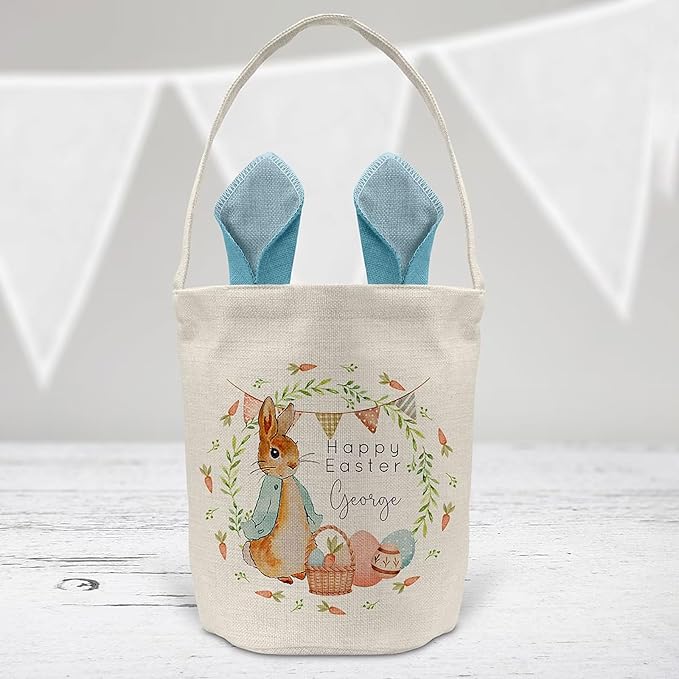 Personalized Canvas Bunny Ear Basket with Custom Name | Easter Gift for Kids | Easter Basket Stuffer (Blue)