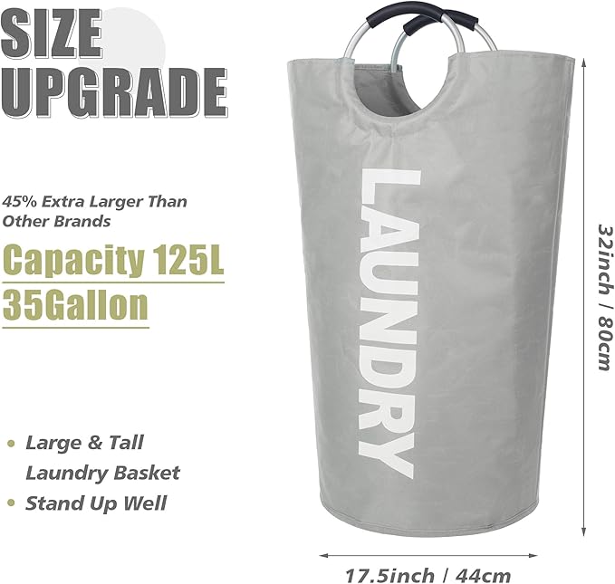 Twira 125L Pro XX-Large Laundry Baskets, Laundry Hamper Stands Up Well, Laundry Bag with Padded Handles, Waterproof Laundry Basket Collapsible, Clothes Hamper for College, Bathroom (Light Grey)