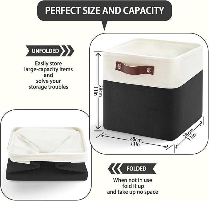 6-Pack Foldable Fabric Storage Cubes 11x11 Inch, Sturdy Cube Organizer Bins with Leather Handles, Storage Baskets for Closet Shelves and Home Organization(White/Black)
