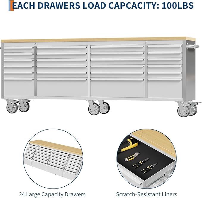 96" Rolling Tool Chest with 24 Drawers, Solid Rubber Wood Workbench Top, Locking Wheels & Key Lock, Mobile Garage Storage Cabinet for Workshop Organization