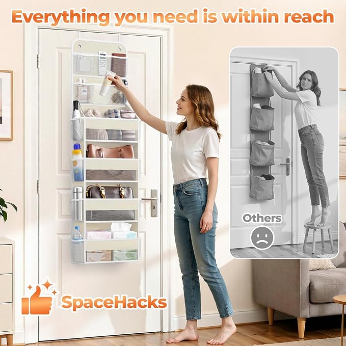 6-Tier Over The Door Organizer with Mesh Pockets, Baby Nursery Storage for Closet, Bathroom and Bedroom, Adjustable Hanging Closet Organizer for Cosmetics, Books and Essentials（Beige）