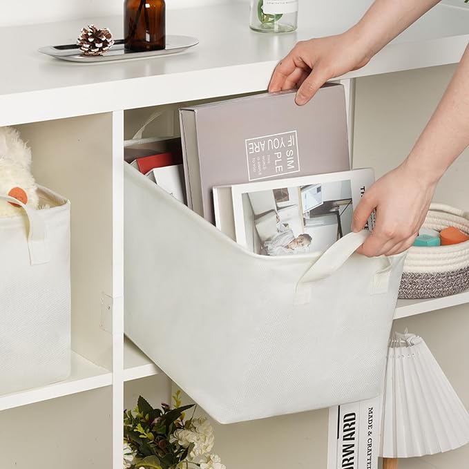 Bidtakay Rectangular Storage Basket,Waterproof Large Storage Bins Box with Handles, Shelf Baskets for Home Office Closet, Decorative Storage Baskets for Home (15"x10"x9"- White)