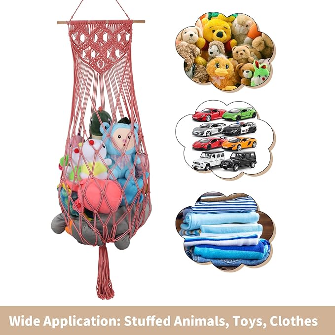 Stuffed Animal Hammock w/LED Star Light, 63 Inch Jumbo Toy Hammock Wall Hanging Plushie Net Holder for Boho Nursery Decor, Watermelon Red Stuffed Animal Storage Organizer for Kid Girls Boys Gift