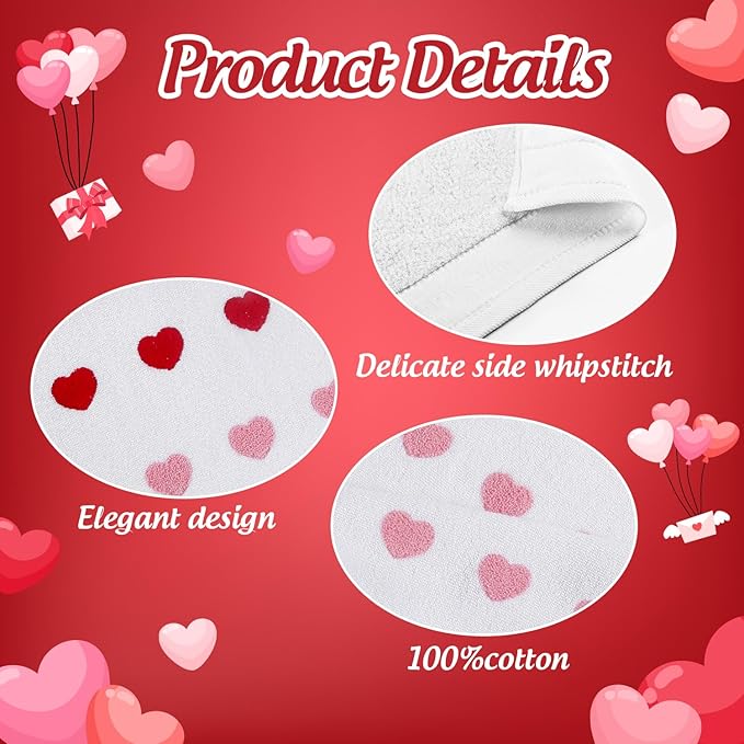 2 Pack Valentine's Day Hand Towels Red White Pink Heart 3D Embroidered Farmhouse Bathroom Decorative Towels Set for Drying, Cleaning, Cooking, Holiday 13.7'' x 29.5''