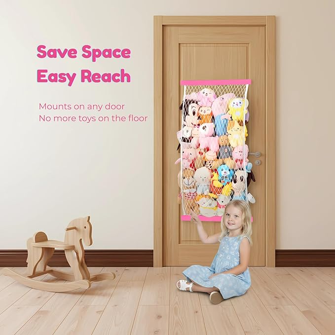 Stuffed Animal Storage Net, Elastic Stuffed Toy Holder,Door/ Wall Mount Length Adjustable Hanging Stuffy Animal Organizer, Plushie Net For Nursery Play Room-Pink Boards