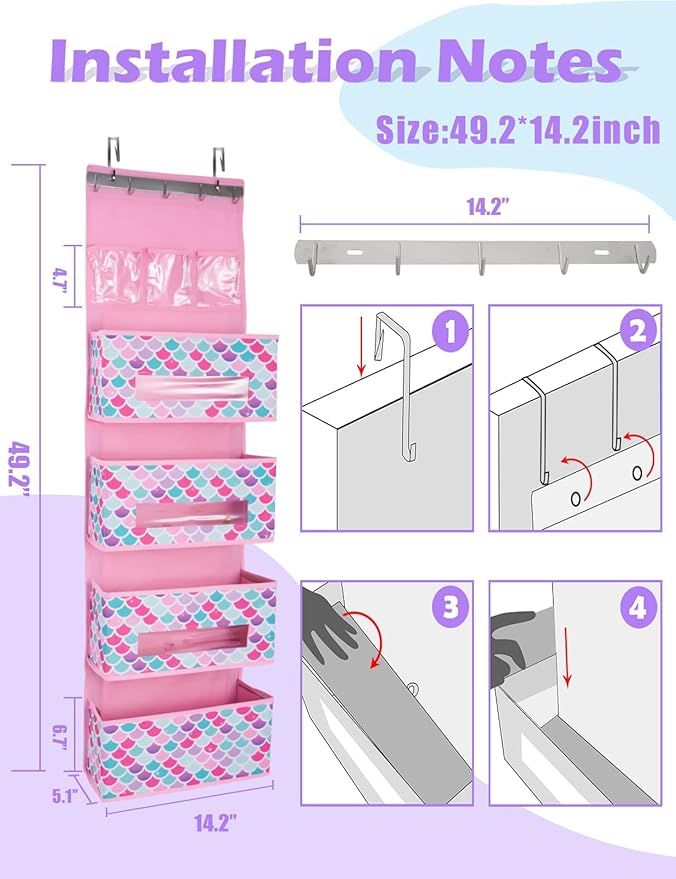 WERNNSAI Mermaid Door Hanging Organizer - Over The Door Storage with 4 Large and 3 PVC Pockets Baby Storage Toys Towels Sundries for Kids Girls Room Nursery Bedroom