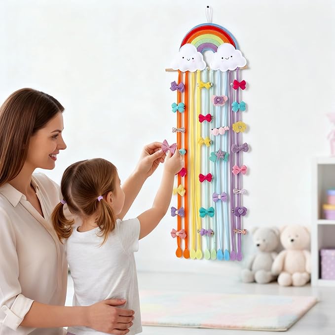 Long Bow Holder for Girls Baby Rainbow Color Clouds Hair Bows Clip Organizer 31.5 Inch Baby Hair Accessories Storage Display Hanging Decor for Girls Nursery Room Bedroom Living Room